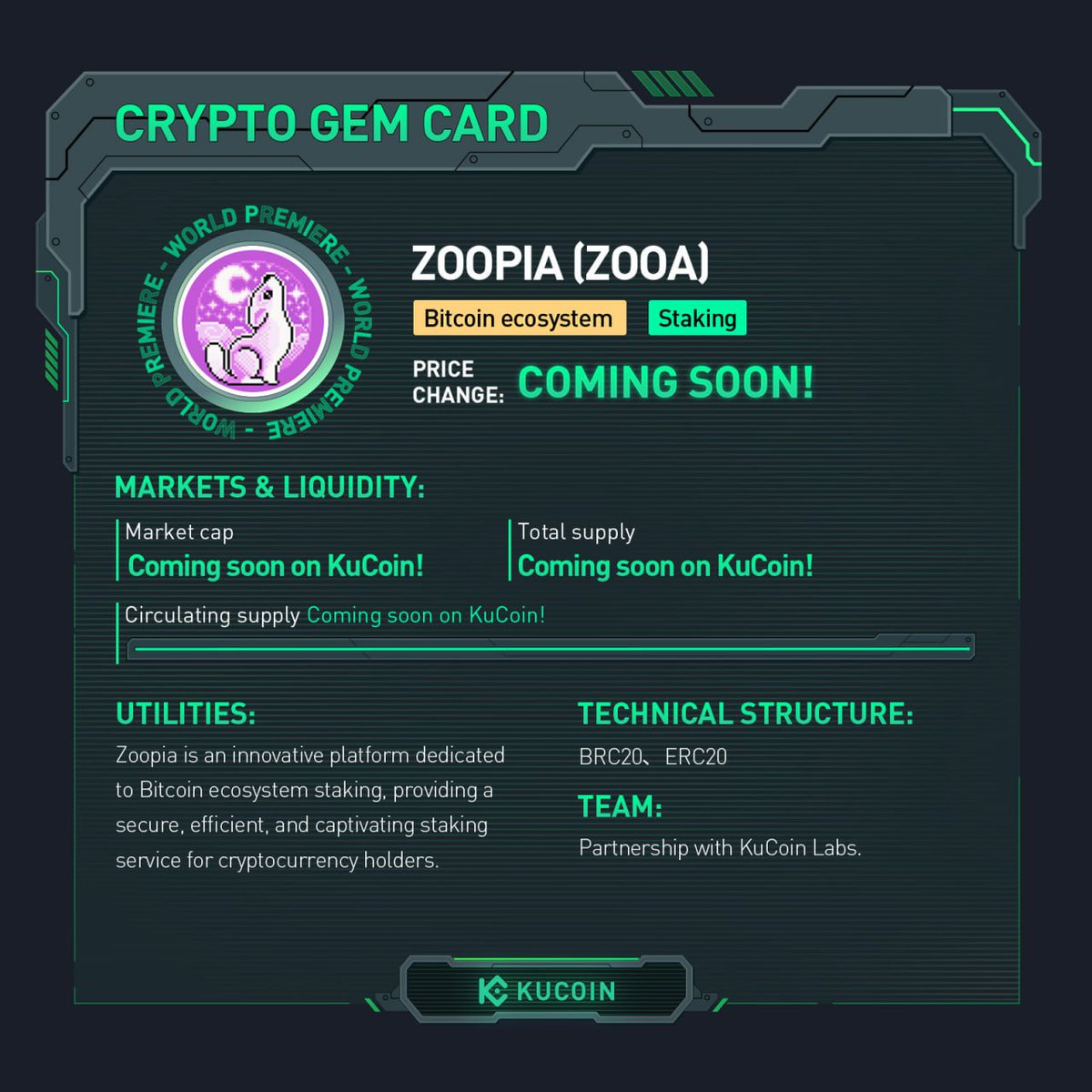 kucoincom's tweet photo. $ZOOA trading is now live on #KuCoin!

🚀ZOOA/USDT: https://t.co/dWjulcr4lS 

Find out more about ZOOPIA in #KuCoinCryptoGem card.

#BitcoinEcosystem #Staking https://t.co/VqlSXzJlwW