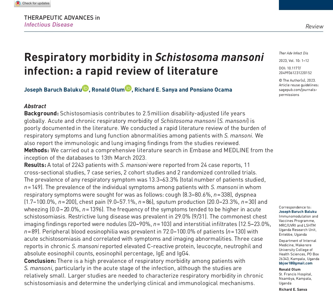 In our new review, up to 63% of people with #bilharzia (#schistosomiasis) have respiratory problems. Our we tackling the respiratory morbidity? @Lung_Institute @MRC_Uganda @schisto_center. @IAmTheOlum