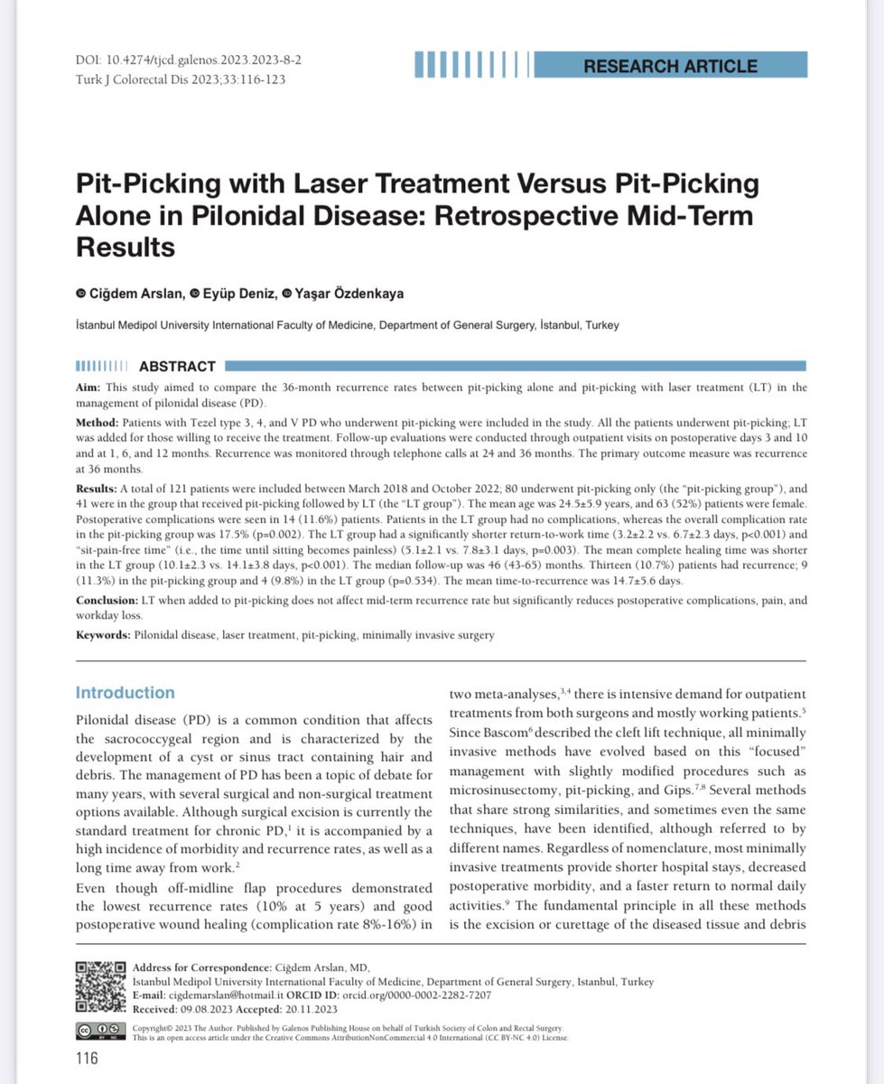cigdem arslan (@arslannc_md) on Twitter photo Is it an efficient pit picking or additional minimal invasive methods make difference in Pilonidal disease? Our results showed addition of laser did not effect recurrence. What do you think? <a href="/faycagultekin/">Ayca F Gultekin, MD, Int-FASCRS, FEBS-C</a> <a href="/SezaiLeventoglu/">Sezai Leventoglu</a> <a href="/ZimNl/">David Zimmerman</a> <a href="/cihangirakyol/">Cihangir Akyol, MD, FACS, FASCRS, FEBS-C</a> <a href="/ilknure/">İlknur erenler</a>
turkishjcrd.com/archives/archi… Is it an efficient pit picking or additional minimal invasive methods make difference in Pilonidal disease? Our results showed addition of laser did not effect recurrence. What do you think? <a href="/faycagultekin/">Ayca F Gultekin, MD, Int-FASCRS, FEBS-C</a> <a href="/SezaiLeventoglu/">Sezai Leventoglu</a> <a href="/ZimNl/">David Zimmerman</a> <a href="/cihangirakyol/">Cihangir Akyol, MD, FACS, FASCRS, FEBS-C</a> <a href="/ilknure/">İlknur erenler</a>
turkishjcrd.com/archives/archi…