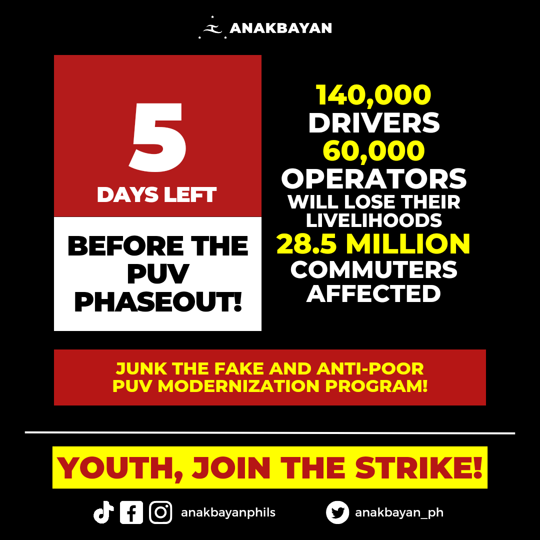 anakbayan_ph's tweet photo. IN 5 DAYS, NEW YEAR, NO JEEPNEYS ⁉️

2024 will bring nothing but loss of livelihood of 200,000 drivers and operators due to the mandatory franchise consolidation under the PUV Modernization Program. 

#NoToJeepneyPhaseout
#NoToPUVPhaseout https://t.co/lAzRpKci0L