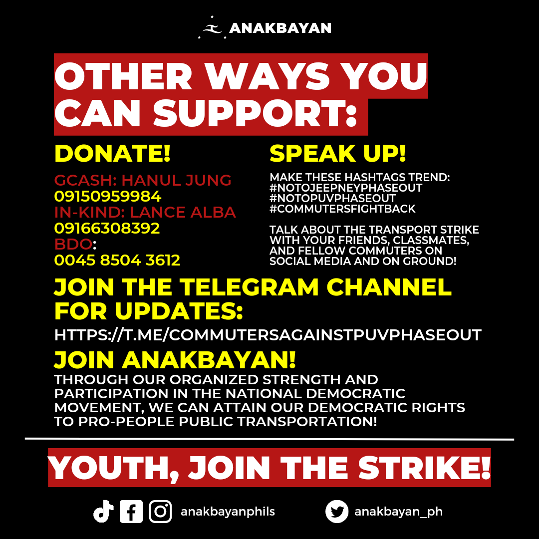 anakbayan_ph's tweet photo. The challenge for us commuters continues. Together, let's work towards the abolishment of the fake, anti-people PUV Modernization Program!

SA LABAN NG TSUPER, KASAMA ANG KOMYUTER!

-end- https://t.co/OwPsnDjCdc