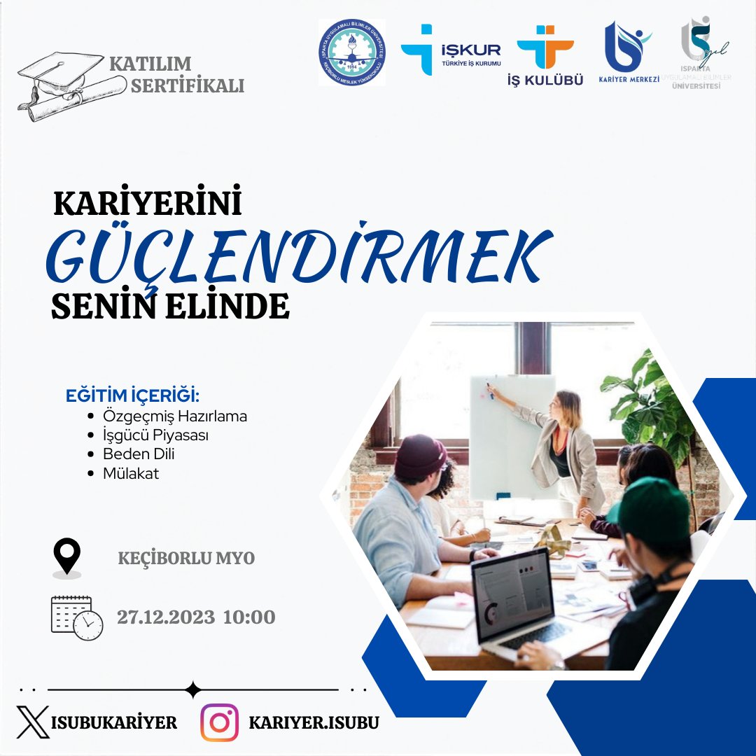 KAGEM aracılığı ve İŞKUR Isparta İl Müdürlüğü ile düzenlenen sertifikalı eğitim programımıza öğrencilerimizi bekliyoruz!    
 
🗓️27.12.2023   
⏰10.00 
📌Keçiborlu MYO

<a href="/isubu32/">Isparta Uygulamalı Bilimler Üniversitesi</a> 
<a href="/KurumuIs/">TurkiyeIsKurumu</a> 
<a href="/ispartaiskulubu/">Isparta İş Kulübü</a> 
<a href="/isubukmyo/">ISUBÜ Keçiborlu MYO</a>