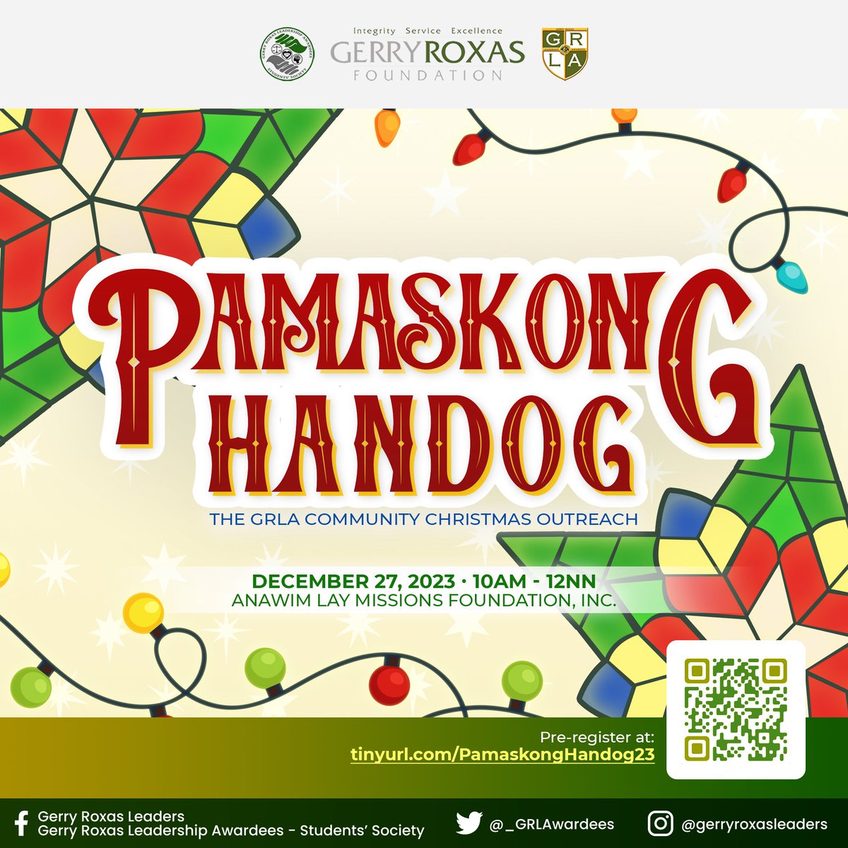 _GRLAwardees's tweet photo. CALL FOR VOLUNTEERS

The Gerry Roxas Leadership Awardees - Students' Society will be conducting Pamaskong Handog for the abandoned elderly of Anawim Lay Missions Foundation, Inc. on December 27, 2023, Wednesday.

#TatakGRLA 
#GRowingLeaders 
#PamaskongHandog2023 https://t.co/rL5zJsVXga