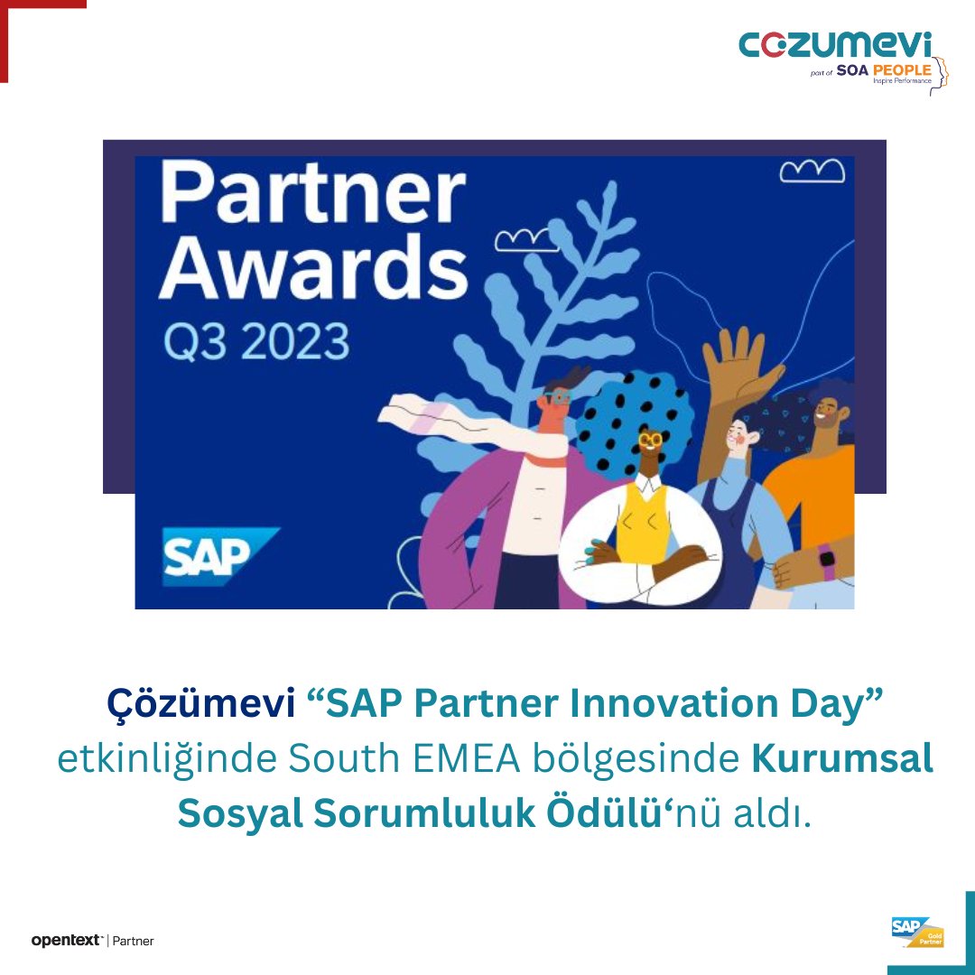 SAP’nin bulut inovasyonlarının önünü açmak ve ortak inovasyon yaklaşımlarını güçlendirmek adına düzenlediği “SAP Partner Innovation Day” etkinliğinde South EMEA bölgesinde “Kurumsal Sosyal Sorumluluk Ödülü”nü Çözümevi aldı. Bu değerli ödül için çok teşekkür ederiz.