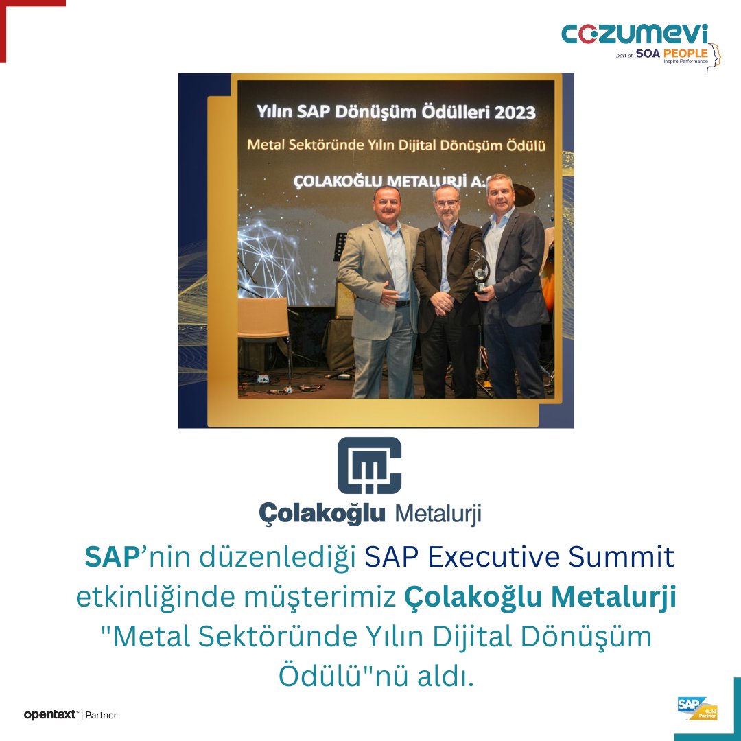 SAP’nin düzenlediği SAP Executive Summit etkinliğinde müşterimiz Çolakoğlu Metalurji “Metal Sektöründe Yılın Dijital Dönüşüm Ödülü”nü aldı. Çözümevi olarak dijital dönüşüm yolculuğunda inovasyon odaklı, etkileyici ve başarılı projelere imza atmaya devam ediyoruz.