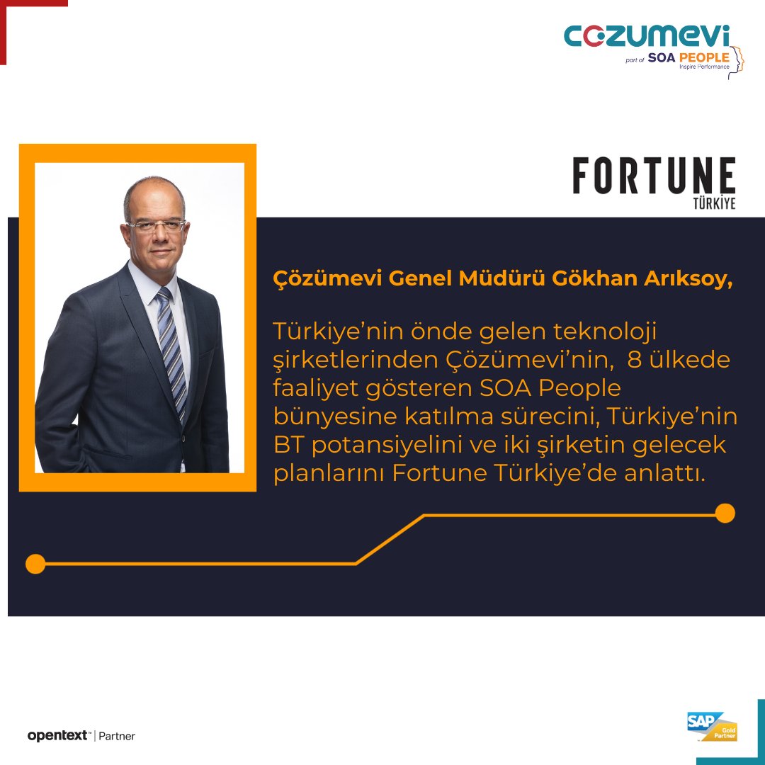 Çözümevi Genel Müdürü Gökhan Arıksoy , Çözümevi’nin, Mayıs 2023’te gerçekleştirilen anlaşmayla 8 ülkede faaliyet gösteren SOA People bünyesine katılma sürecini , Türkiye’nin BT potansiyelini ve iki şirketin gelecek planlarını Fortune Türkiye’ye anlattı.
