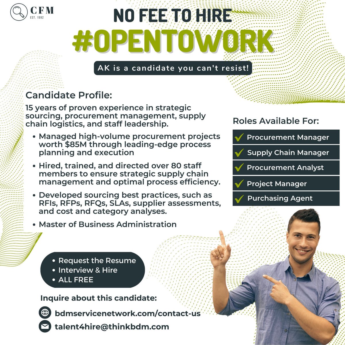 Attention Employers! Want help to fill jobs, hire candidates like AK, and pay zero fees, even when you hire? Visit buff.ly/3I9u7kp #opentowork #procurementmanager #supplychainmanager #procurementanalyst #procurementspecialist #procurementofficer #purchasingagent