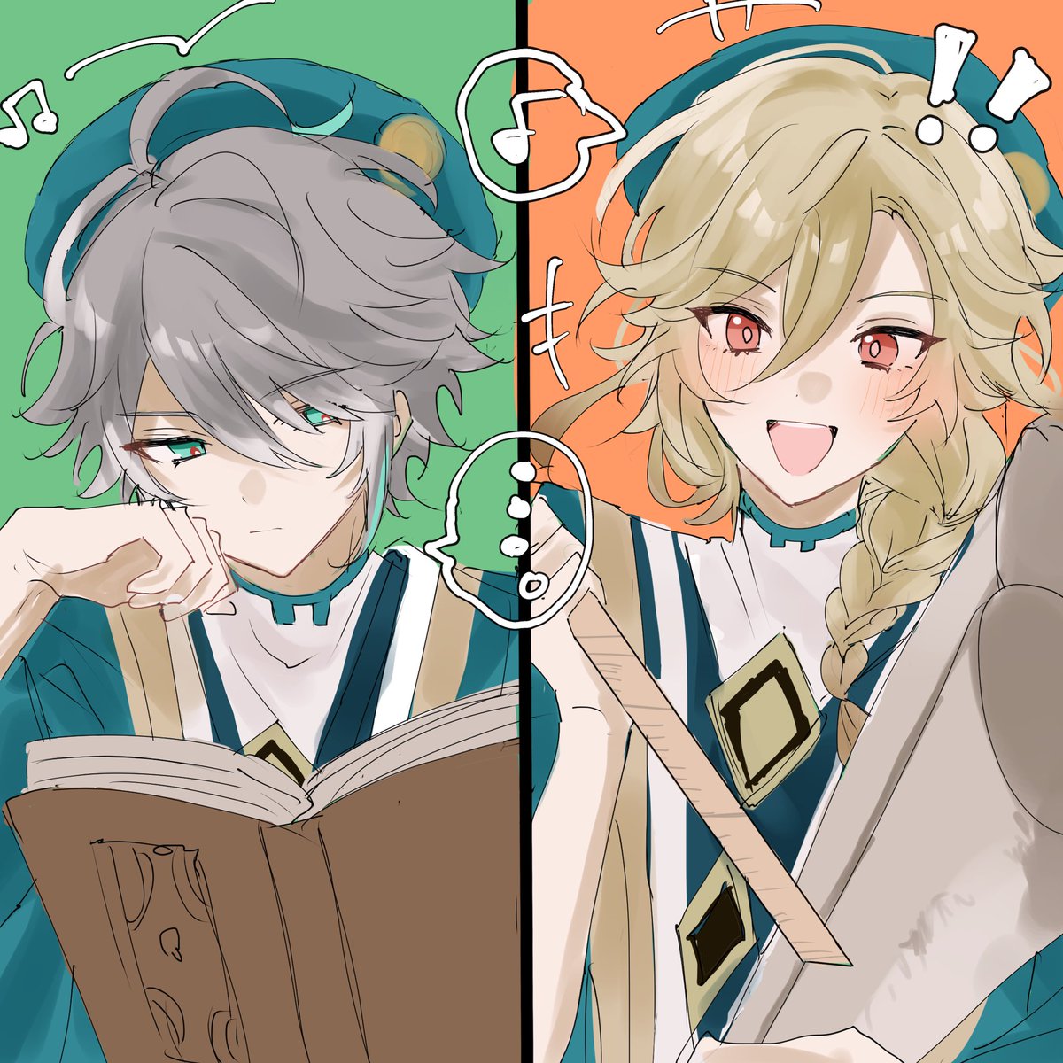 alhaitham (genshin impact) ,kaveh (genshin impact) multiple boys 2boys male focus braid book blonde hair hat  illustration images