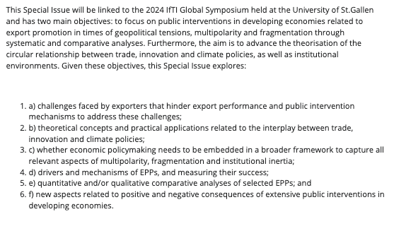 journal_pad's tweet photo. 🚨 Reminder before the year ends:

📢 Call for papers! PAD invites submissions for a special issue on 'Export Promotion in Times of Multipolarity and Fragmentation: Linking Theory and Practice'. 
.
Deadline for abstracts: 30 April 2024
.
🔗https://t.co/Pt85WgSmwB https://t.co/QwIeC9SjFP