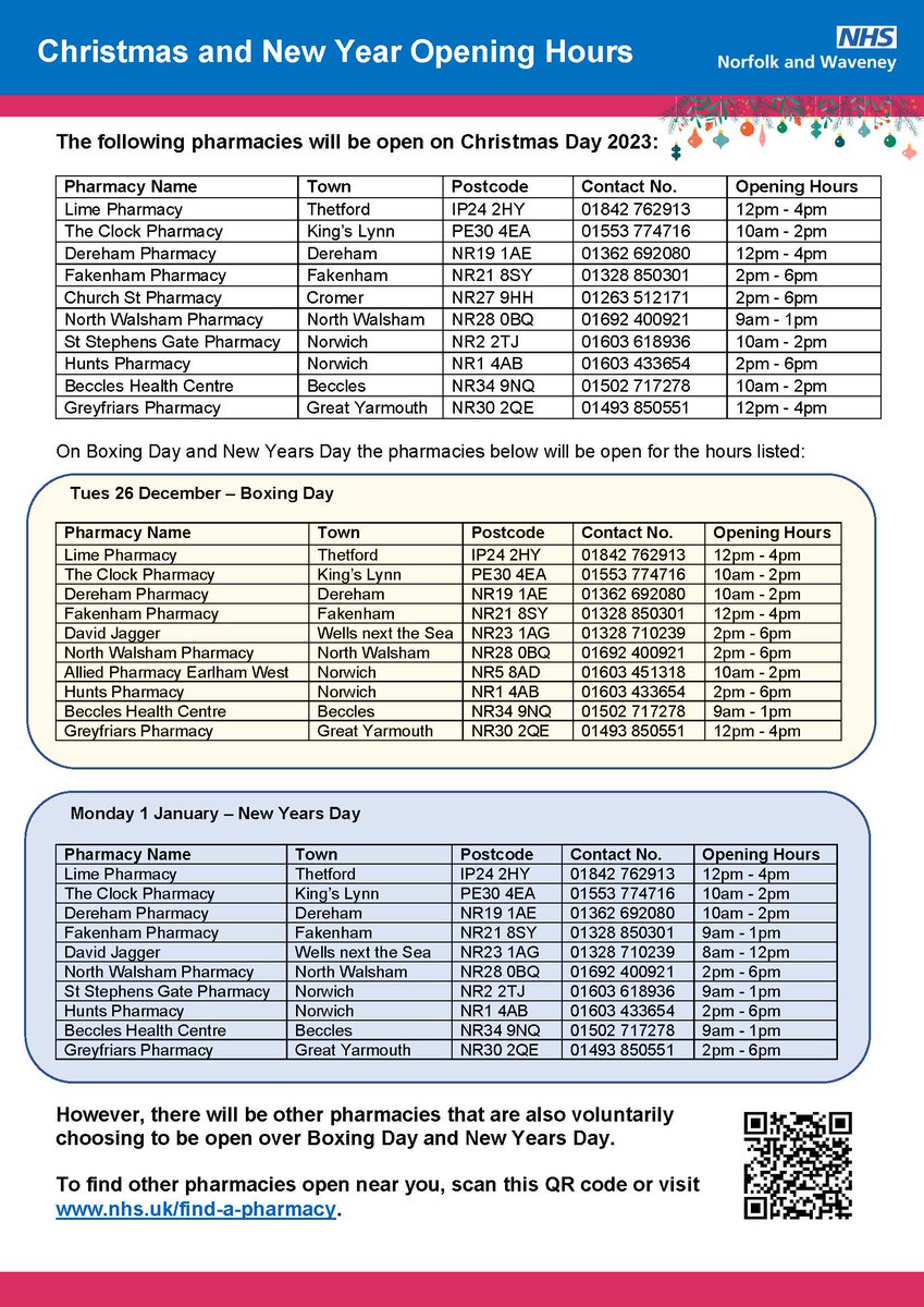 Here are the opening times for pharmacies over the festive period. However, there will be other pharmacies that are also voluntarily choosing to be open over Boxing Day and New Years Day. To find other pharmacies open near you, scan this QR code or visit nhs.uk/find-a-pharmacy.
