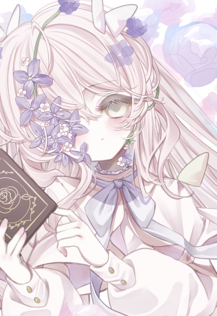1girl flower solo blush holding book purple flower  illustration images