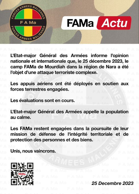 #Mali 🇲🇱| 25/12 :  Des éléments de la Katiba Macina du groupe terroriste #JNIM affilié à #al_Qaida ont attaqué le camp #FAMa de #Mourdiah (région de #Nara - #Koulikoro). 
Bilan anticipé :
🔴 10 FAMa tués ;
🔵 Des armes, munitions et équipements emportés ;
🔵 Le camp et le reste