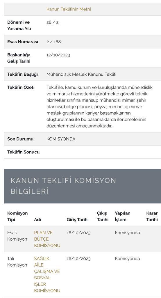 <a href="/_aliyalcin_/">Ali YALÇIN</a> Çözüme destek olup, samimiyetle ve vicdanla sonuca varalım ozaman.  <a href="/MemurSenKonf/">Memur-Sen</a> <a href="/sonertufanoglu/">Soner Can TUFANOGLU</a> <a href="/HBTONBUL/">HACI BAYRAM TONBUL 🇹🇷</a> Plan ve Bütçe Komisyonunda bekleyen Mühendislik Meslek Kanunu için… 12/10/2023 tarihli ve 2/1681 esas numaralı kanun teklifi.