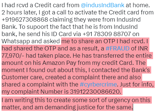 av0781's tweet photo. Urgently seeking justice, Requesting @CcInduslnd @MyinduslndBank @SumantKathpalia @amazonpay
@MumbaiPolice @Cyberdost @Cybercellindia @mieknathshinde for support on this Matter.
I had raise this Complaint on Cybercrime portal
https://t.co/uNVJdDutzD https://t.co/oYuz7OOszl