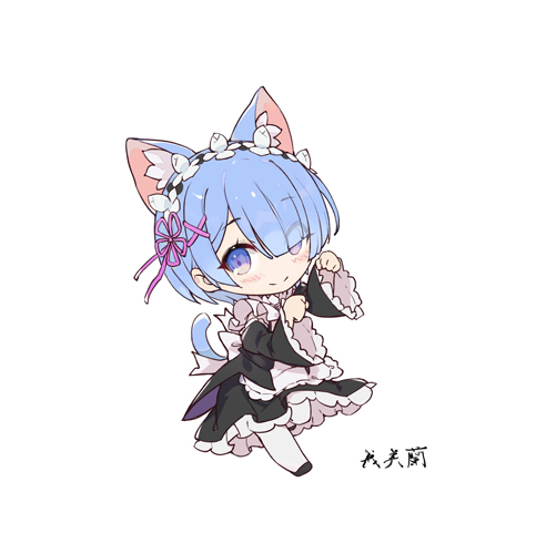 rem (re:zero) 1girl animal ears solo blue hair roswaal mansion maid uniform tail cat ears  illustration images