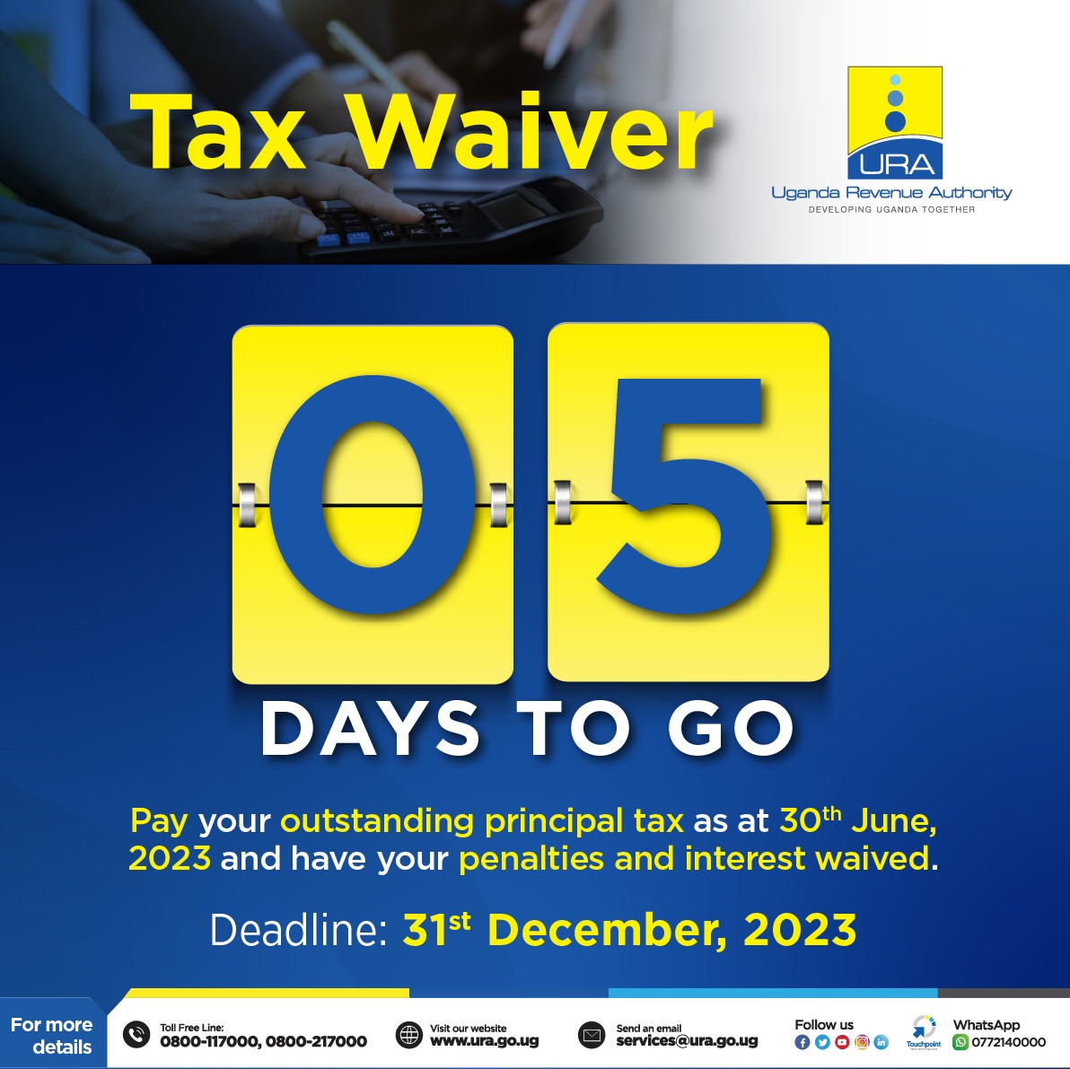 As you unwrap those Christmas gifts today, also make use of the gift from the taxman of the #URATaxWaiver to clear your business from penalties and interest by only paying your principal tax. The offer lasts upto 31st. December 2023. #URATicktock