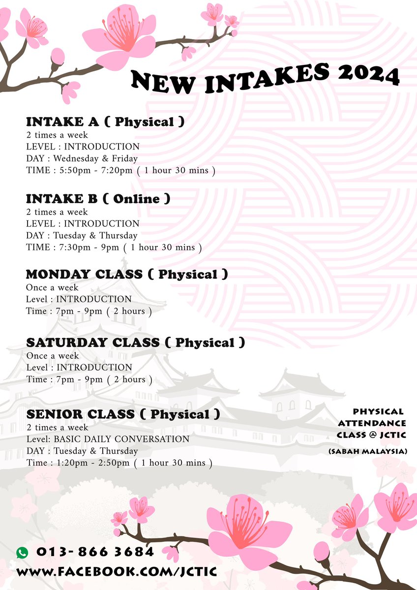 JCTIC_'s tweet photo. New intakes for 2024!
JCTIC offers not only physical but online class too✍🏼
Do contact us if interested!

#japaneselanguage #japaneselanguageschool #日本語 https://t.co/60trWwOSU8