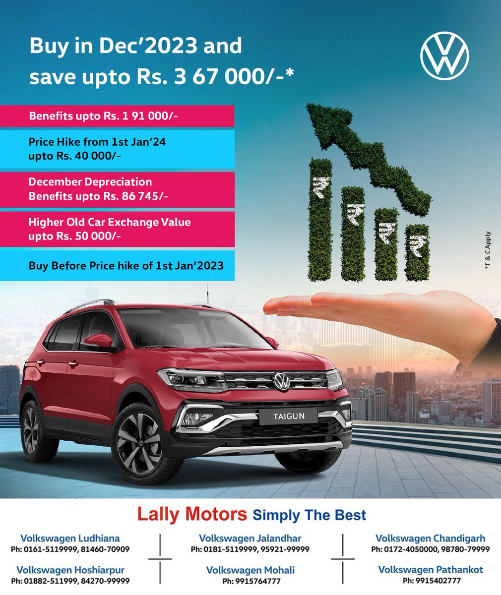 Don't let the savings slip away! Purchase your car in December and unlock benefits up to Rs. 3,67,000*! 🌟 Beat the price hike on Jan 1, 2024, and enjoy the added perks of December Depreciation Benefits and a Higher Old Car Exchange Value! 🚙💨 

#CarSavings #DecemberDeals