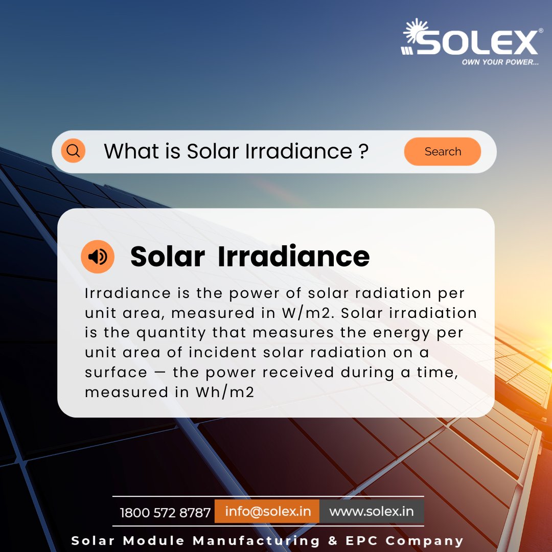 𝗪𝗵𝗮𝘁 𝗶𝘀 𝗦𝗼𝗹𝗮𝗿 𝗜𝗿𝗿𝗮𝗱𝗶𝗮𝗻𝗰𝗲 ?
Irradiance quantifies solar power per area in W/m². Solar irradiation measures the accumulated energy over time in Wh/m² from incident solar radiation on a surface.

#solex #solarbysolex #renewableEnrgy #solar #solarpanels #GoGreen