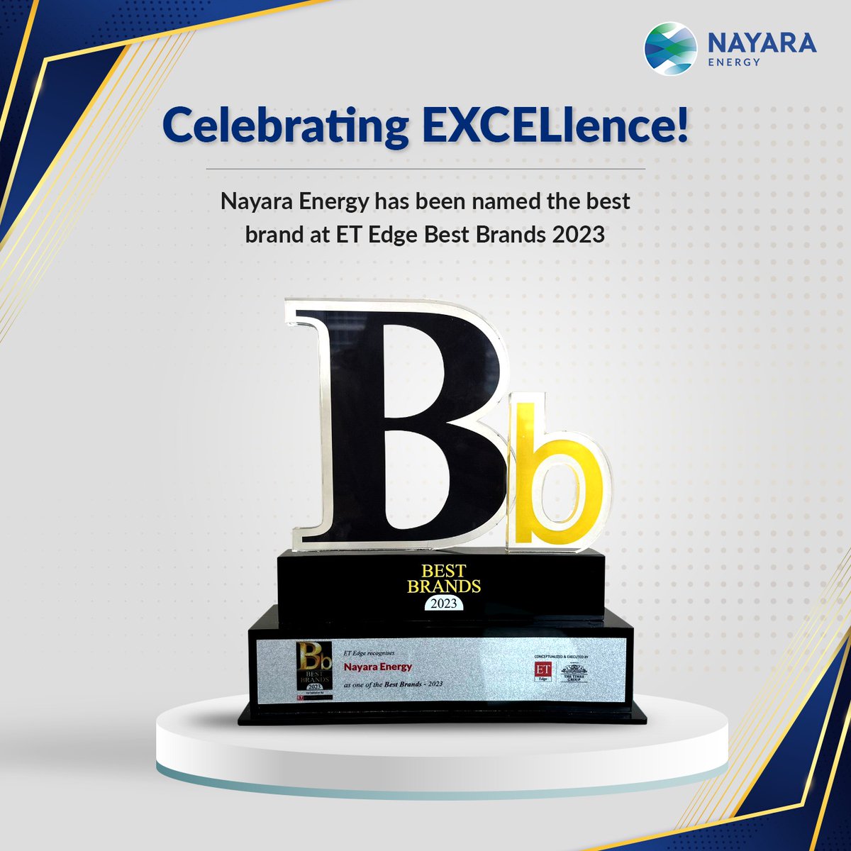 We are delighted to announce that #NayaraEnergy has been honoured as one of the Best Brands of 2023 by Economics Times (ET). Our heartfelt thanks go out to all our dedicated partners and employees whose efforts have played a pivotal role in this success. 
#Award