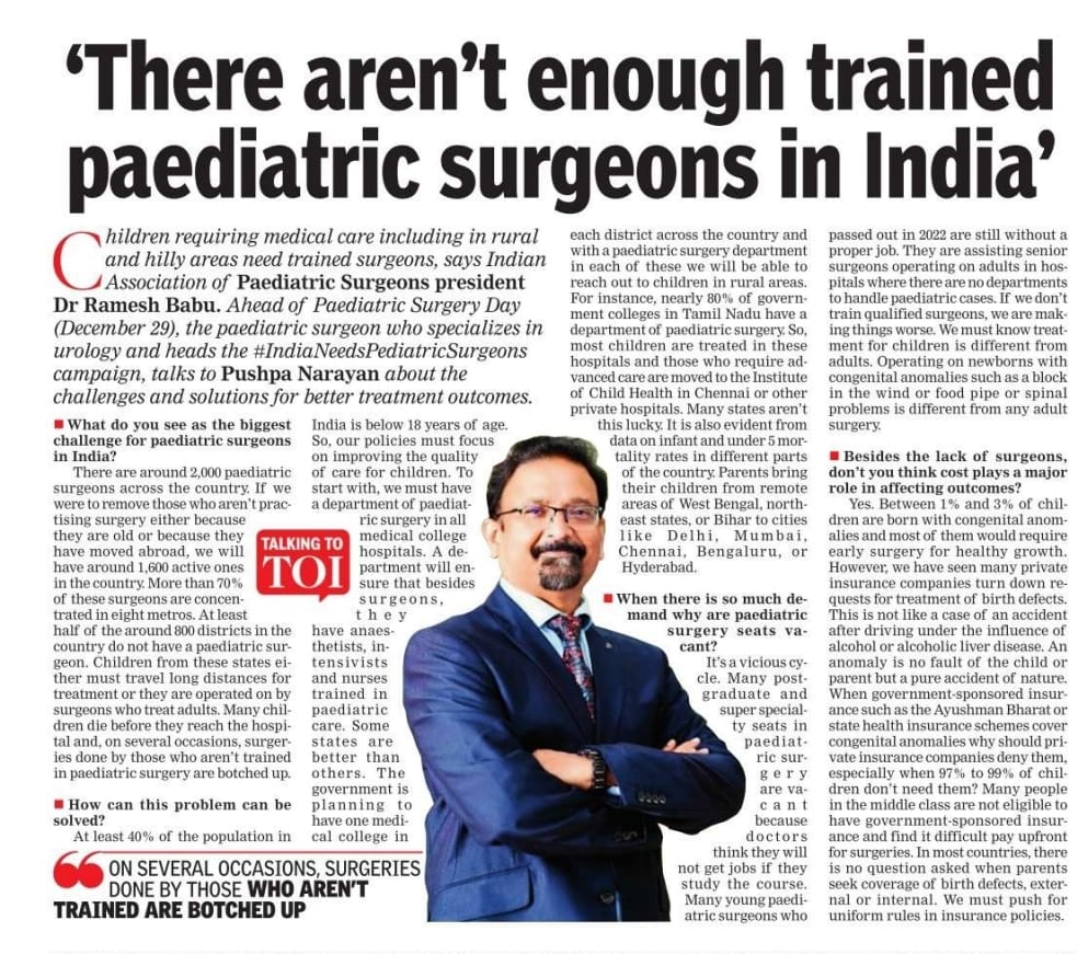 #IndiaNeedsPediatricSurgeons, Association of Paediatric Surgeons president Dr Ramesh Babu tells @toi