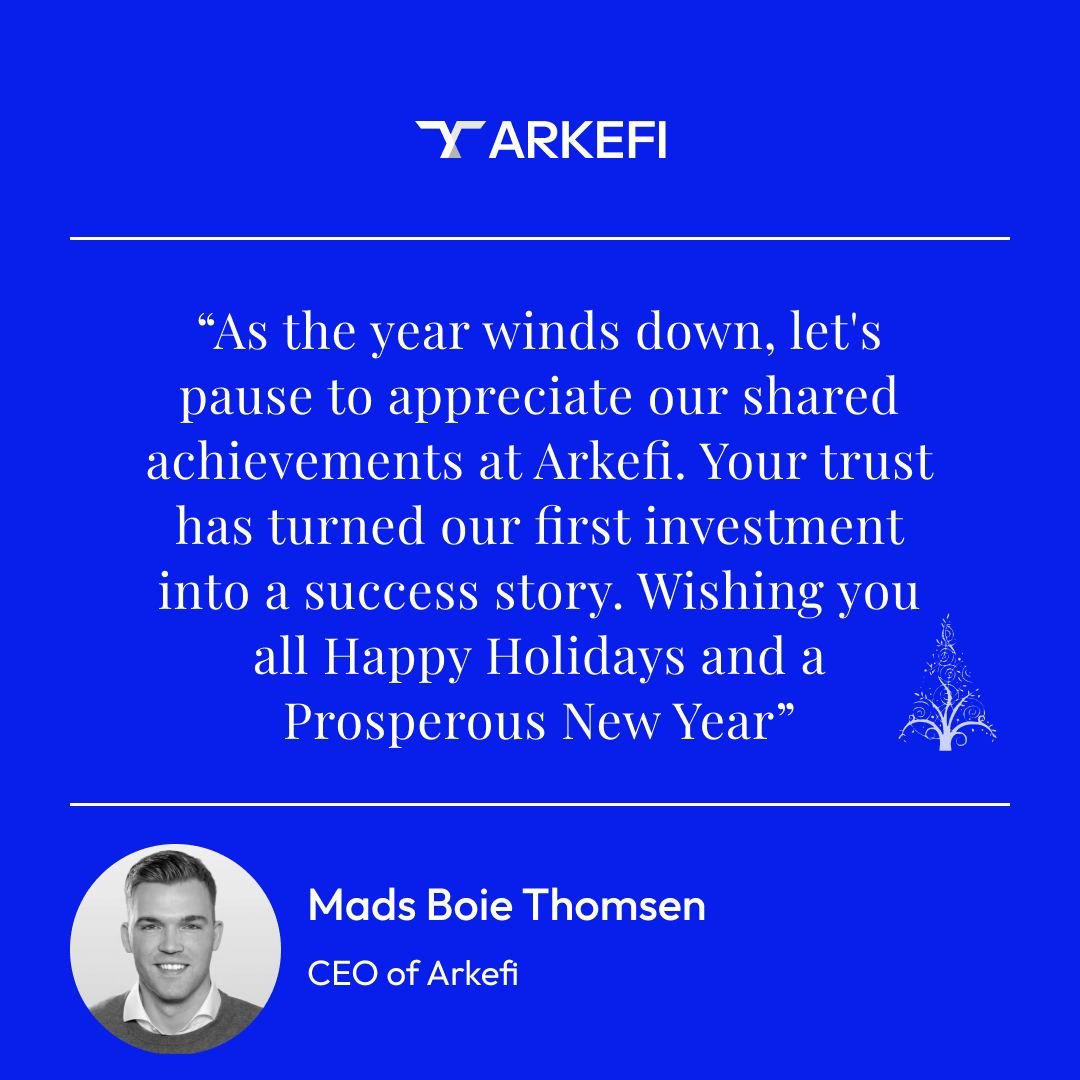 Reflecting on a year of collective triumphs, we're poised for even more in the coming year. Your partnership is our strength. 

Happy Holidays and cheers to a fruitful New Year from all of us at #Arkefi. 

#NewYear2023 #InvestmentSuccess
