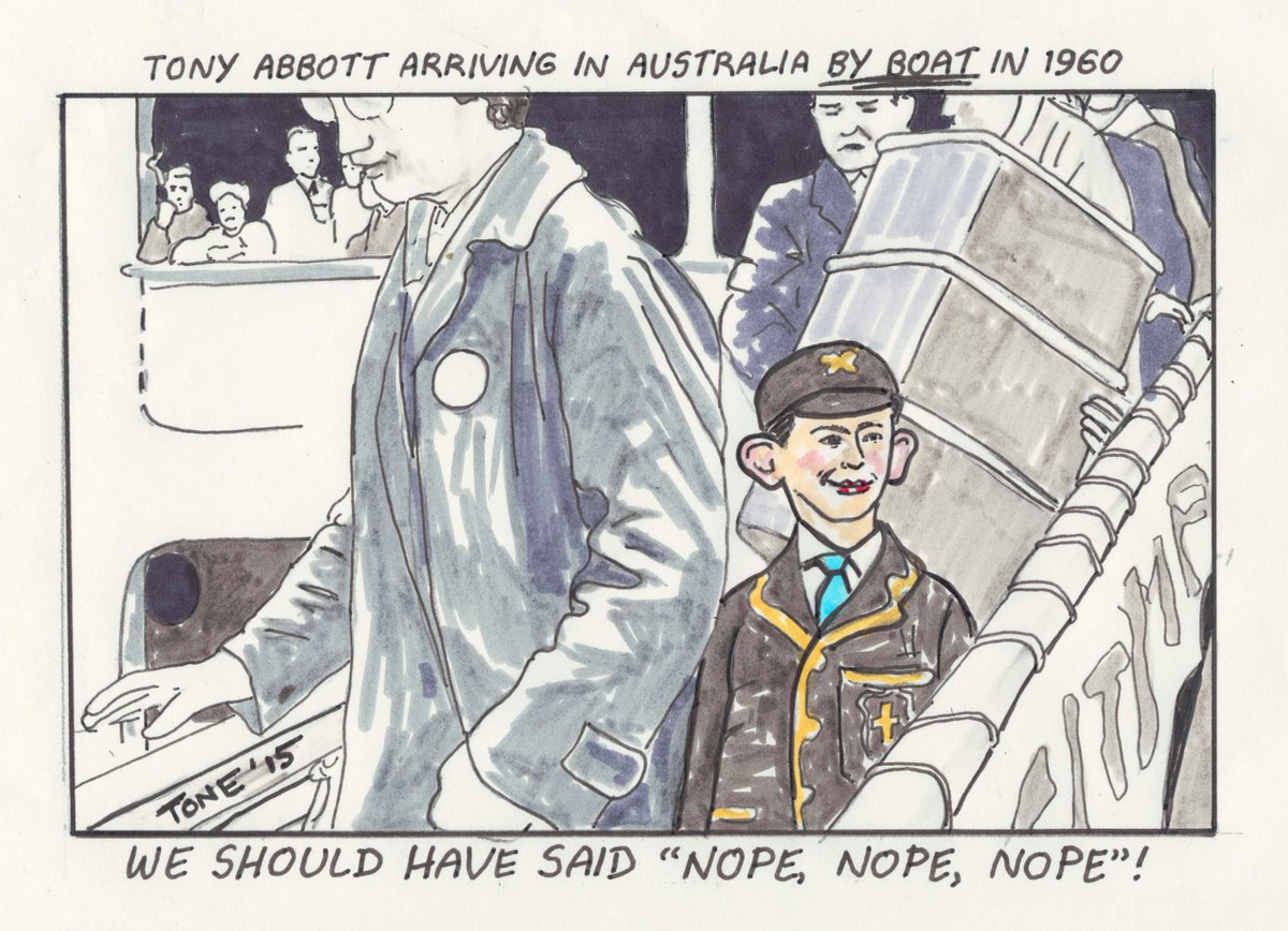Tony Abbott came to Australia by boat in 1960. The irony of his hateful 'Stop the boats' slogan, vilifying refugees seeking protection and safety is something to remember. #auspol #WelcomeRefugees
Artwork: @TonySowersby.
