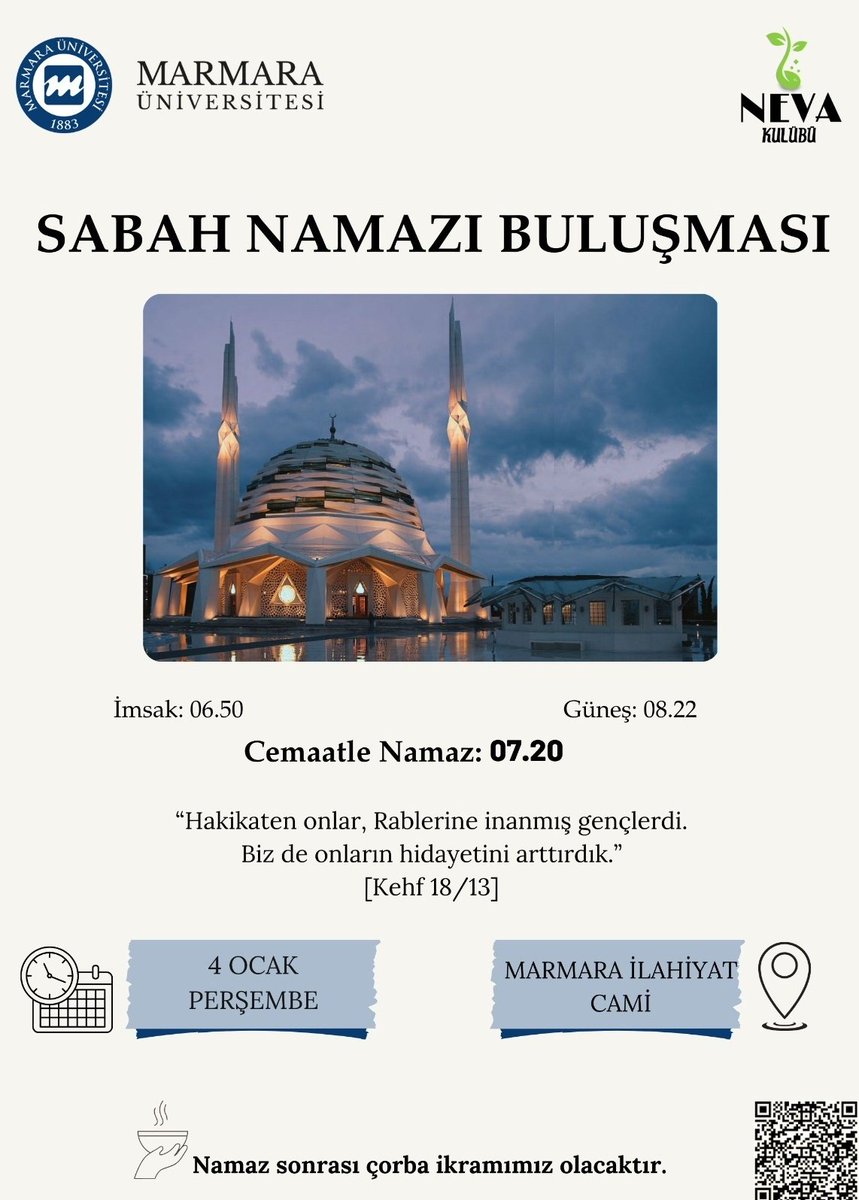 Namazla diriliyor, fecirle buluşuyoruz!

Neva Kulübü olarak 4 Ocak Perşembe günü Marmara İlahiyat Camii'nde sabah namazını cemaatle birlikte eda edelim istiyoruz. Sizleri de bekliyoruz 🌿
Namaz sonrası çorba ikramamız olacaktır🥣

#marmarailahiyat #marmarailahiyatcamii
