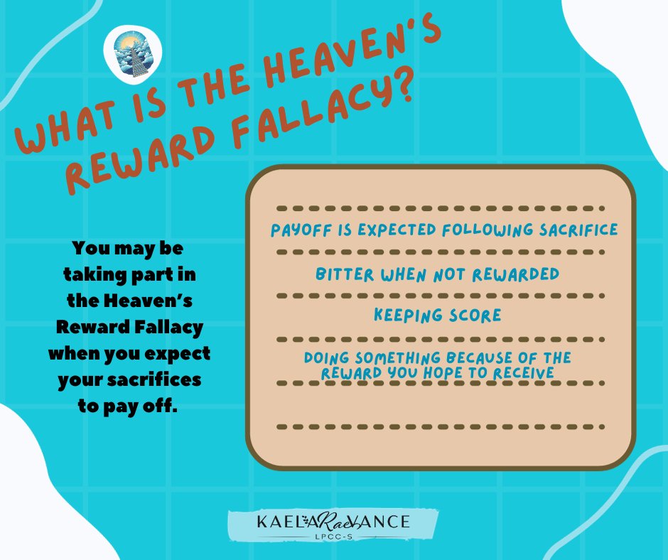 ❇️  What is Heaven's Reward Anyway?

Doing things for the perceived reward you get at the end (such as 'I'll get into heaven if....') and if the reward does not occur you feel bitter.

#CognitiveDistortions #Thinking #StinkingThinking #CBT #Therapy