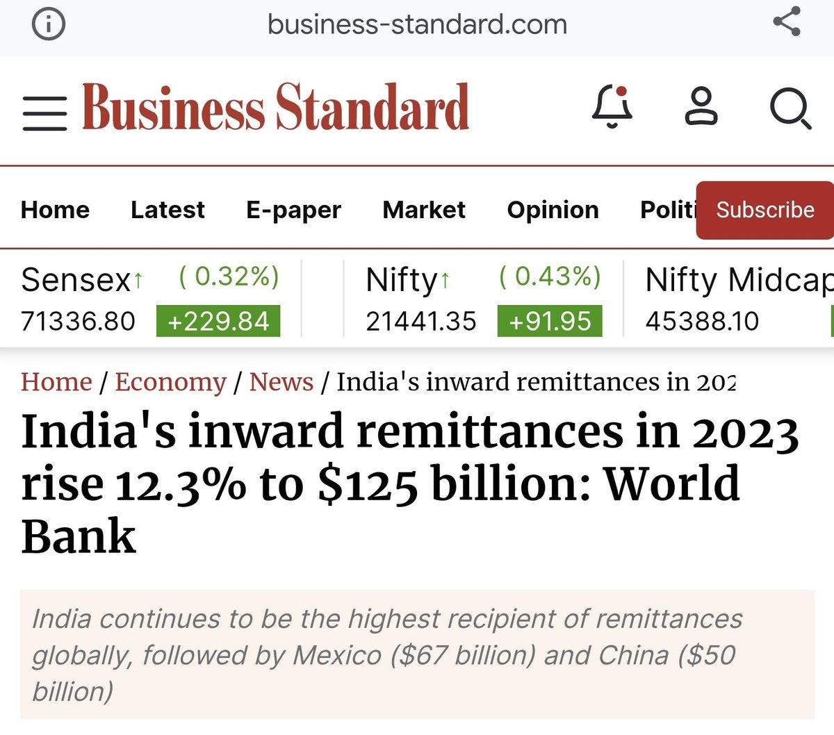 India continues to be the highest inward remittance receiver in 2023, grew by 12.3% from 2022 to $125 billion #foreignremittance #inwardremittance #india