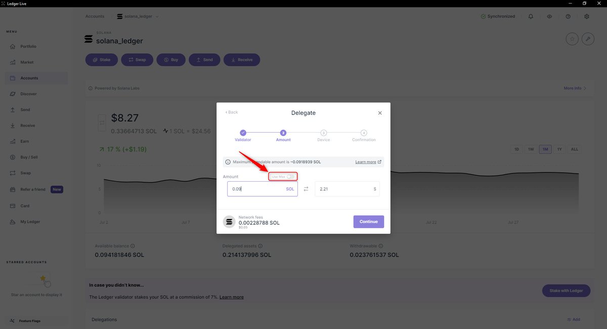 Ledger_Support's tweet image. 🚨 Hey #Solana users!

If you’re staking #SOL in Ledger Live you may encounter temporary bugs when staking/unstaking your balance 🐞

You can avoid this by not using “SendMax” or “Unstake Max”, and instead, manually enter the amount ✅

Also - ensure that your available balance