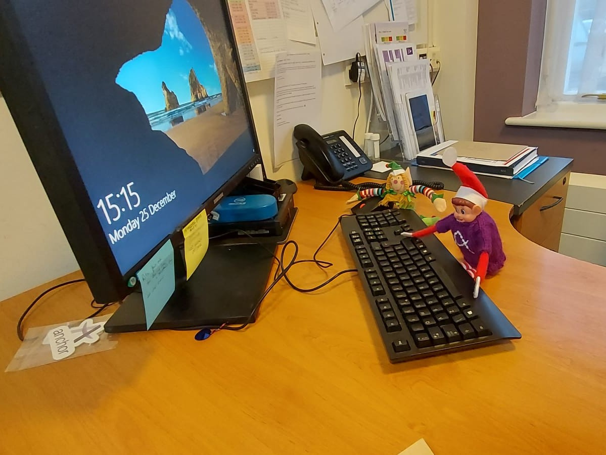 StMarysCareHome's tweet photo. Well.. if you ever wonder why we struggle with office work or meal prep at times... Caught red handed! #elf #mischievouself #Christmas #ChristmasRuined #ElfOnTheShelf @AnchorLaterLife https://t.co/axInlmvnzY