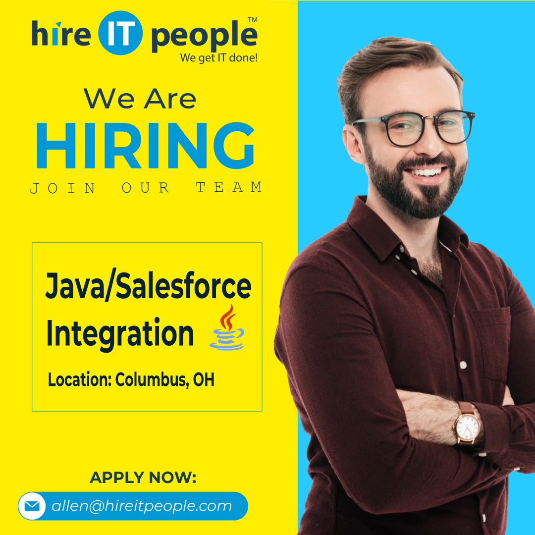 We are Hiring Job ID: 40771 Position: Java/Salesforce Integration Location: Columbus, OH View Full Job Description At: hireitpeople.com/jobs/40771-jav… #javajobs #salesforcejobs #integrationjobs #columbusjobs #hireitpeoplejobs #itjobs #h1btransfer #h1bjobs #usajobs #us