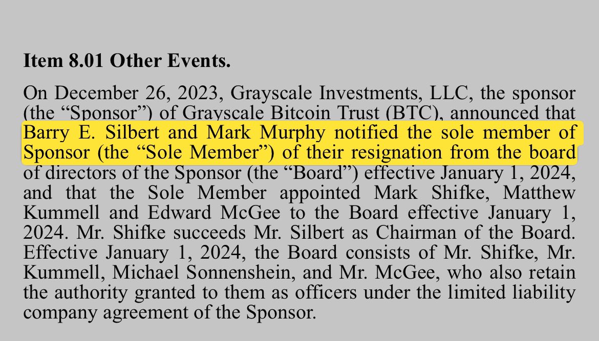 RadarHits's tweet image. BREAKING‼️ Grayscale Chairman Barry Silbert has resigned, as SEC approval of Bitcoin ETFs expected by January 10