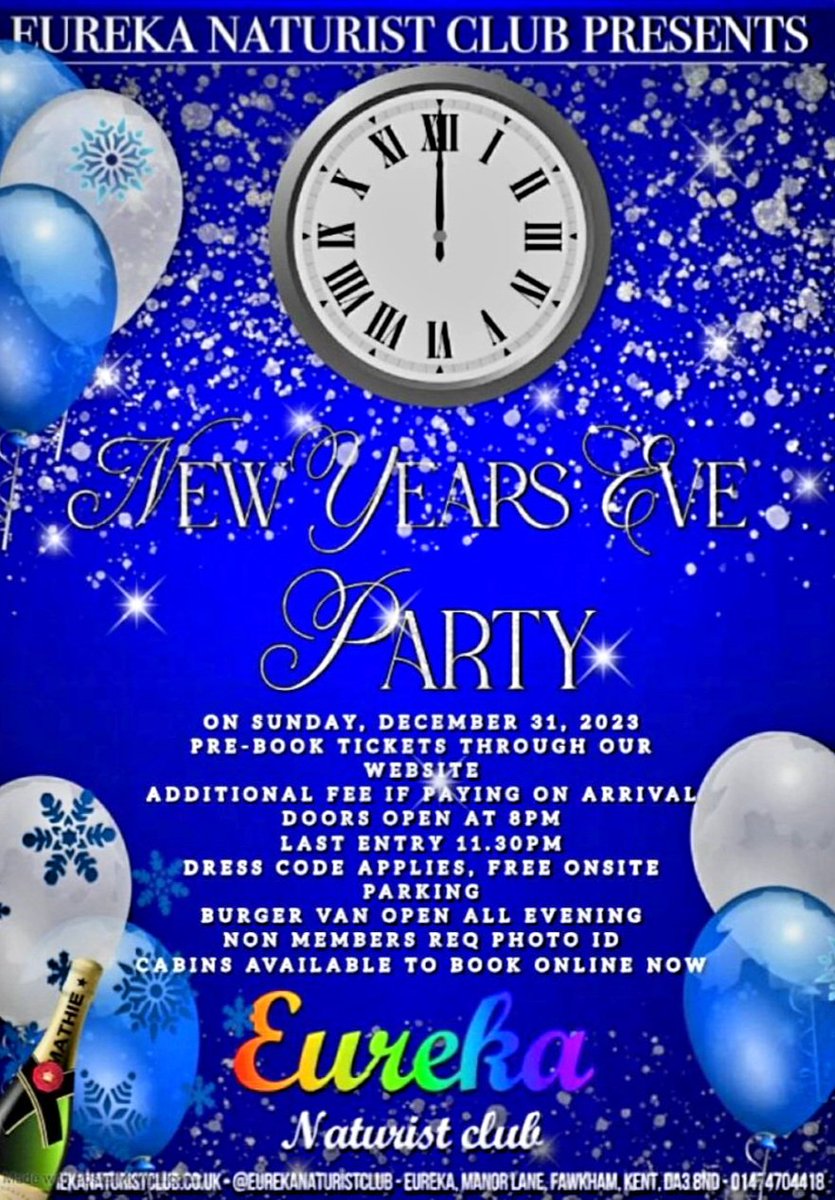 Eurekas brings in the new year with a bang
Everyone is welcome wether your straight bi gay tgirl single or couple
Come celebrate the night with like minded people x 
Tickets available from 
eurekanaturistclub.co.uk/events/nye-blu…

Scroll down the page and make your booking xx