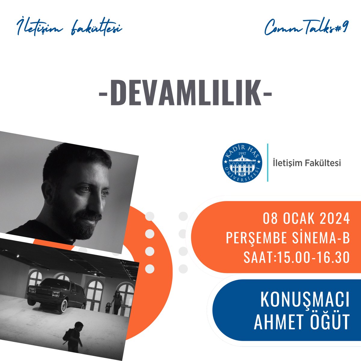 Çağdaş sanatı, gündelik hayatın pratikleriyle birleştiren interaktif sanatçı Ahmet Öğüt, 8 Ocak saat 15:00'da Sinema-B salonunda "Devamlılık" başlıklı semineriyle bizlerle olacak. Etkinliğe katılmak için aşağıdaki linkten kayıt olabilirsiniz! 

Link:bit.ly/3GUAUO3