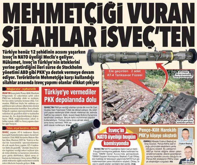 ⚡️İsveç, Türkiye'ye vermediği silahları PKK'nın depolarına doldurmuş. Askerlerimizi şehit edenlerin elinde İsveç silahları var. TBMM, milletin onurunu korumalı ve İsveç'in NATO üyeliğine kesinlikle hayır demelidir.