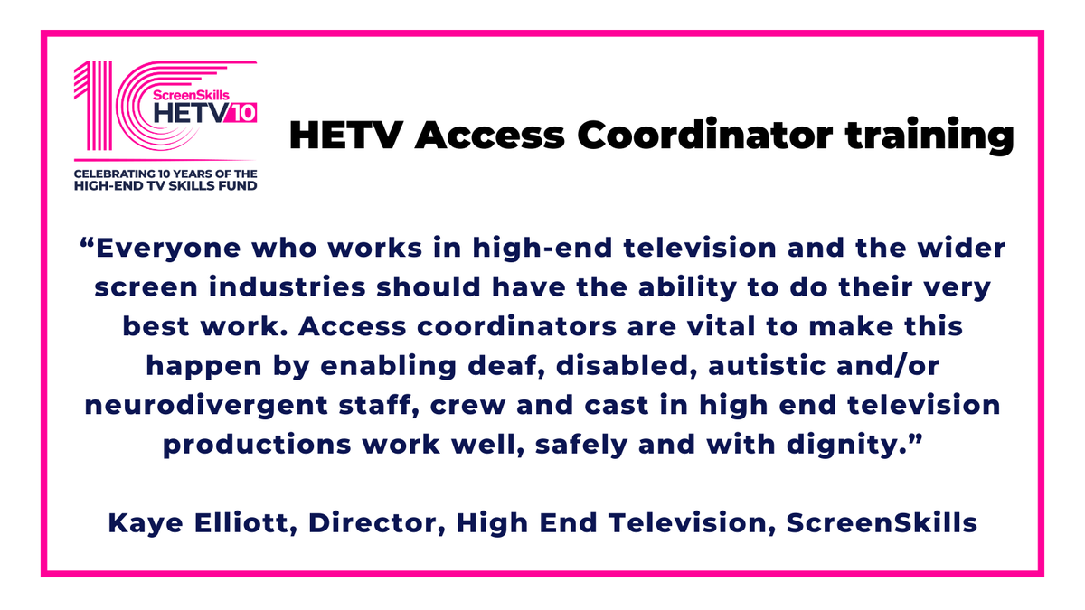 The ground-breaking #AccessCoordinator training, currently being delivered by @TripleC_UK, is just one of the initiatives funded by the #HETVSkillsFund to address equality, diversity, and inclusion in career pathways in HETV and support disabled cast and crew on productions.