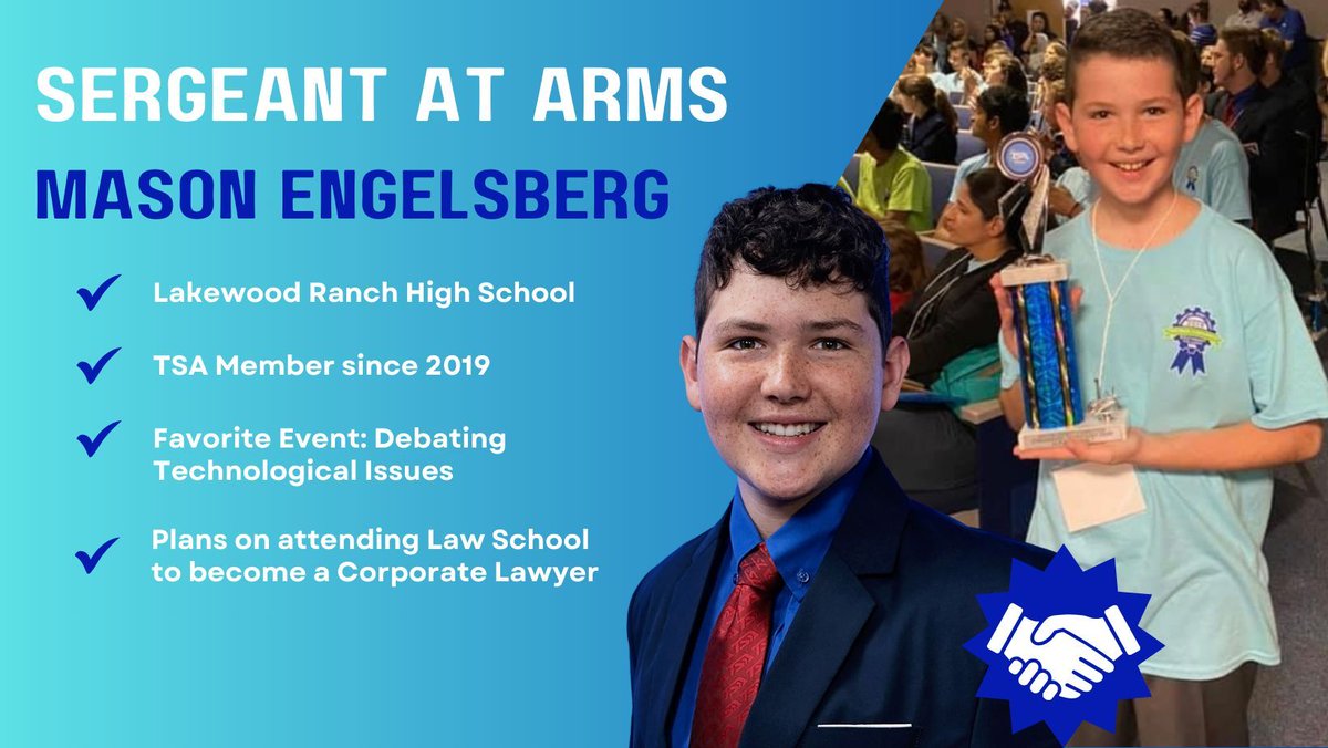 Florida TSA (@fltsa) on Twitter photo 🌟Officer Spotlight: Sergeant at Arms - Mason Engelsberg🌟
Mason ran for state officer to gain leadership experience on a larger scale and to serve as a role model to younger students who look up to state officers, just like he used to. 
Learn More Here: buff.ly/3RscxMg 🌟Officer Spotlight: Sergeant at Arms - Mason Engelsberg🌟
Mason ran for state officer to gain leadership experience on a larger scale and to serve as a role model to younger students who look up to state officers, just like he used to. 
Learn More Here: buff.ly/3RscxMg
