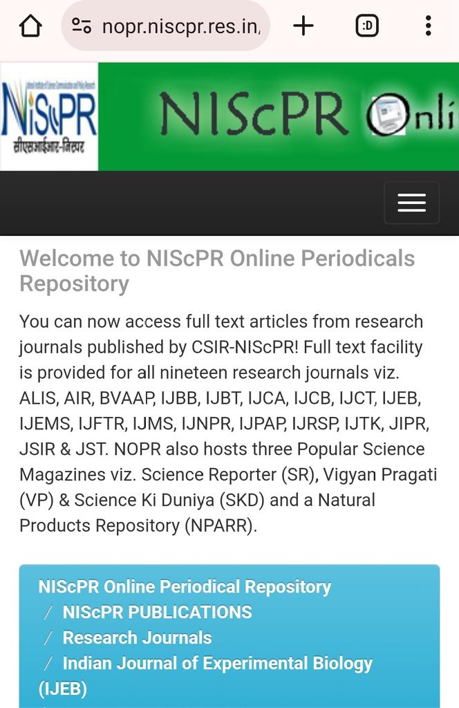 Jayasomu (@somu1964) on Twitter photo January 2024 issue of Indian Journal of Experimental Biology (IJEB), one of the flagship journals of <a href="/CSIR_NIScPR/">CSIR-NIScPR</a> is available in <a href="/OpenAccess/">OpenAccess</a> through institutional repository NOPR and journal webpage.
<a href="/ClarivateAG/">Clarivate for Academia & Government</a>
<a href="/Scopus/">Elsevier | Scopus</a>
<a href="/CSIR_IND/">CSIR, India</a>
<a href="/ugc_india/">UGC INDIA</a>
<a href="/DOAJplus/">DOAJ</a>
<a href="/ScicommC/">ScienceCommunication Book/Journal Club (in hiatus)</a>
<a href="/SciComm_India/">SciCommIndia ЁЯЗоЁЯЗ│</a> January 2024 issue of Indian Journal of Experimental Biology (IJEB), one of the flagship journals of <a href="/CSIR_NIScPR/">CSIR-NIScPR</a> is available in <a href="/OpenAccess/">OpenAccess</a> through institutional repository NOPR and journal webpage.
<a href="/ClarivateAG/">Clarivate for Academia & Government</a>
<a href="/Scopus/">Elsevier | Scopus</a>
<a href="/CSIR_IND/">CSIR, India</a>
<a href="/ugc_india/">UGC INDIA</a>
<a href="/DOAJplus/">DOAJ</a>
<a href="/ScicommC/">ScienceCommunication Book/Journal Club (in hiatus)</a>
<a href="/SciComm_India/">SciCommIndia ЁЯЗоЁЯЗ│</a>