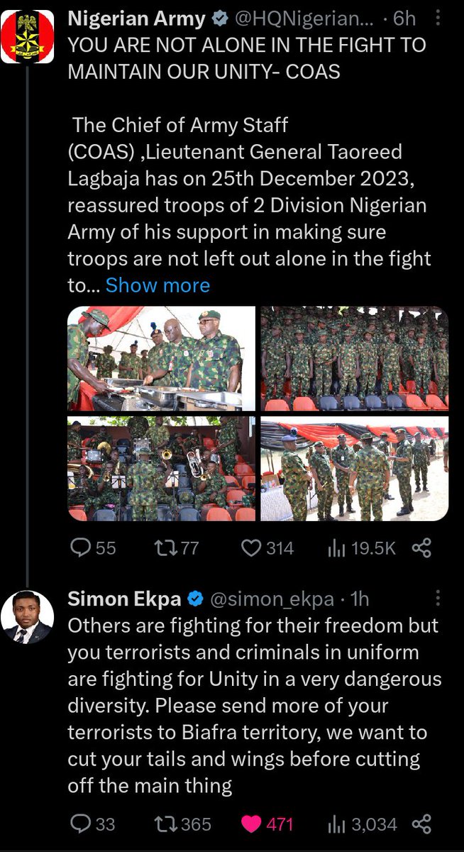 D result when you're confident in Ur soldiers because they're armed to D tooth & gallant in the field to deal mercilessly to D enemies. PM @simon_ekpa now challenging the zoo terrotorists in uniforms to send more monkeys & phytons to bịafra land for #BLA, #BRF & #BDF for hunting
