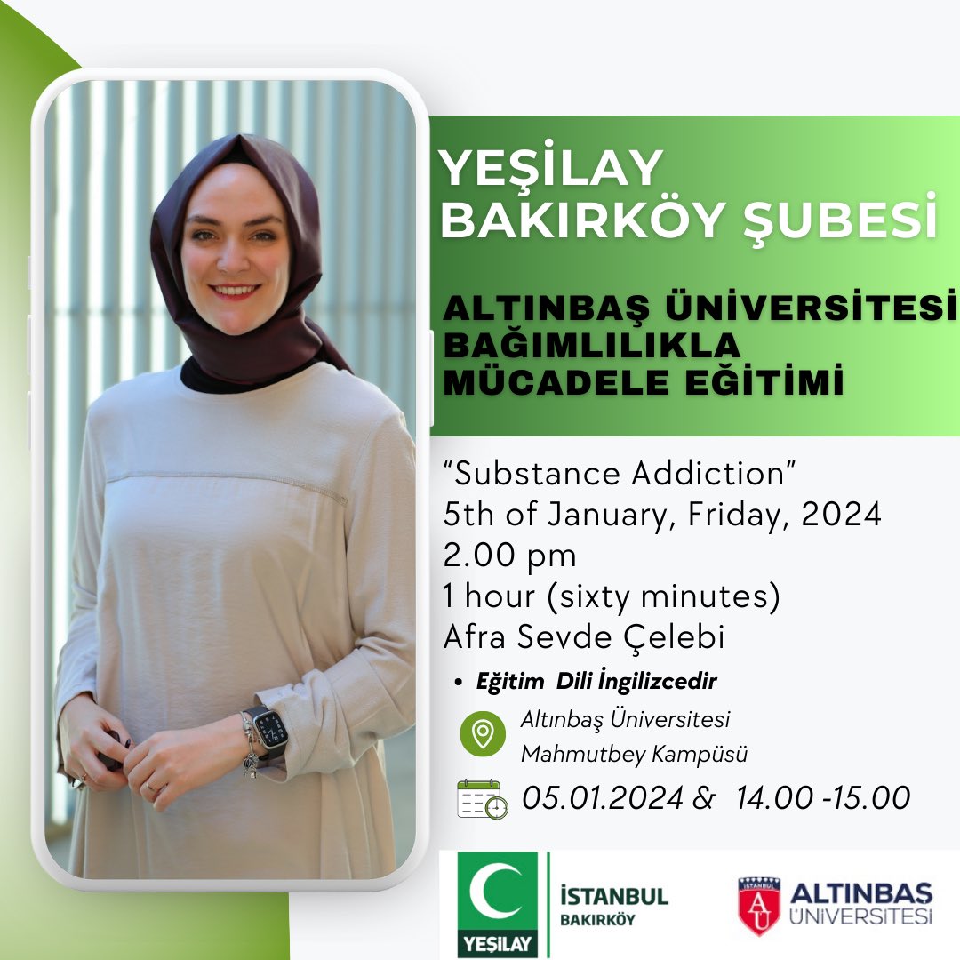 Bakırköy Yesilay ve  Altınbaş Üniversitesi Genç Yeşilay Kulübüyle birlikte Türkiye Bağımlılıkla Mücadele eğitimi verilecektir. Genel Merkez eğitim biriminden Sn. Afra Sevde Çelebi'nin vereceği Bağımlılıkla Mücadele eğitimine davetlisiniz!
#GönüllüOl
#farkındalıkeğitimi 
#yeşilay