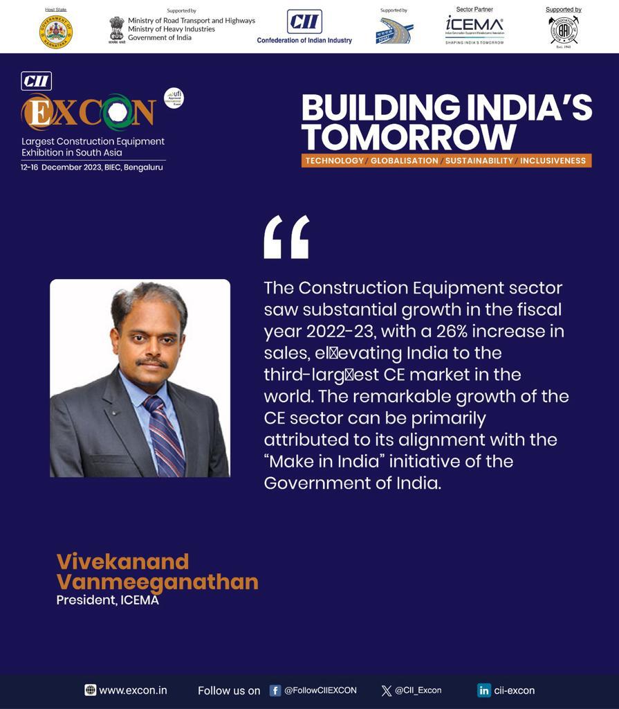 Message from Mr. Vivekanand Vanmeeganathan, President, <a href="/ICEMA_Off/">ICEMA</a>

#india #project #manufacturing #building #constructionindustry #constructionequipment #infrastructure #CIIEXCON2023