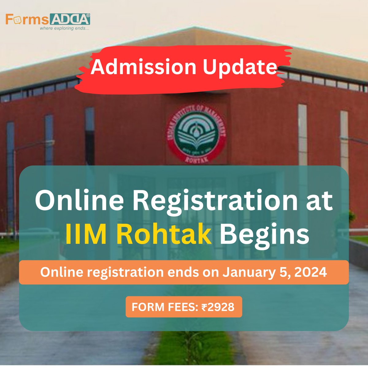 formsadda's tweet image. IIM Rohtak has officially launched its online registration process for the next batch. 

#formsadda #IIMRohtak #catscore #MBA #Admissionupdate #admissionregistrations 

(Feel free to connect on WhatsApp and get upto 80% off on Colleges Application Form wa.link/wb3nq8)