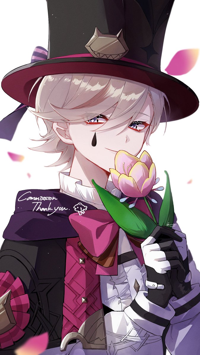 lyney (genshin impact) 1boy male focus hat flower gloves top hat holding flower  illustration images