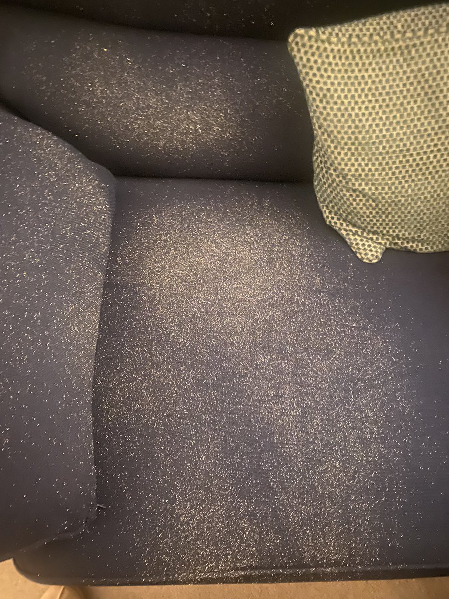 MiniRaach's tweet photo. @newlook your dress has completely ruined my parents sofa. Unbelievable. It was washed beforehand also. A little more than ‘some glitter may come off’ as advertised on the label https://t.co/ERu0uAHfye