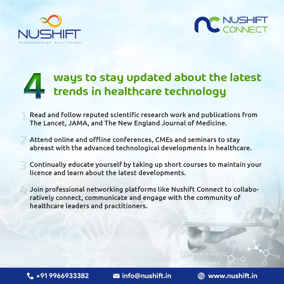 nushiftconnect's tweet image. 4 ways to stay updated about the latest trends in healthcare technology

#healthcaretechnology #networkingplatforms #healthcareindustry #healthcare #healthcareprofessionals
#socialnetwork #peopleofnetworking #processesofnetworking
#Nushiftconnect #healthcareprofessional