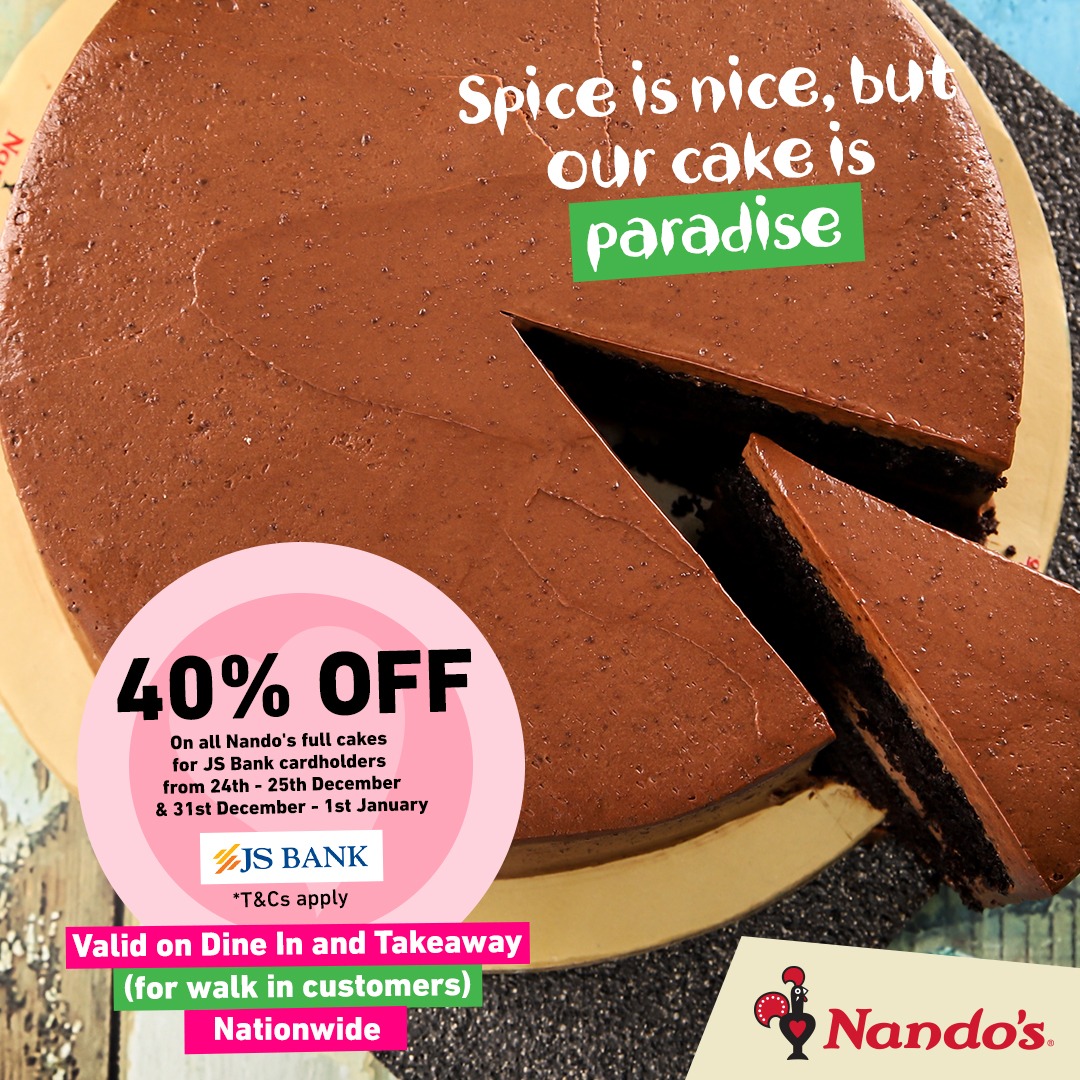 - Applicable cards:All JS Bank Credit cards, Platinum &amp; World debit card
- Valid on JS Visa Credit Card: Classic, Gold, Platinum, Signature, Corporate Charge Card,MasterCard Platinum, Mastercard World
- Maximum Discount Cap: Rs. 2500

#NandosPK #jsbank #Discount #Dinein #takeaway