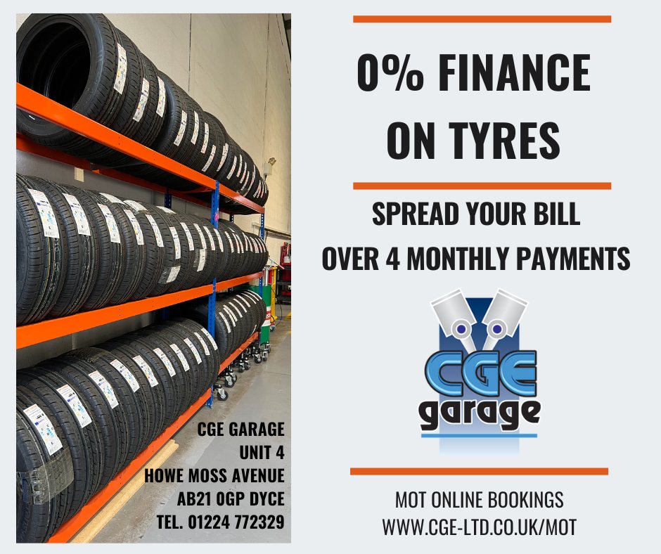 CgeGarageDyce's tweet photo. Is your vehicle requiring new tyres? Take advantage of 0% on tyres and spread cost over 4 payments. @CgeGarageDyce 01224772329
#tyres #car #vehicle #carrepair #van #Aberdeen #dyce #mot #carservice #lockingwheelnut https://t.co/cfD9J7FCPN