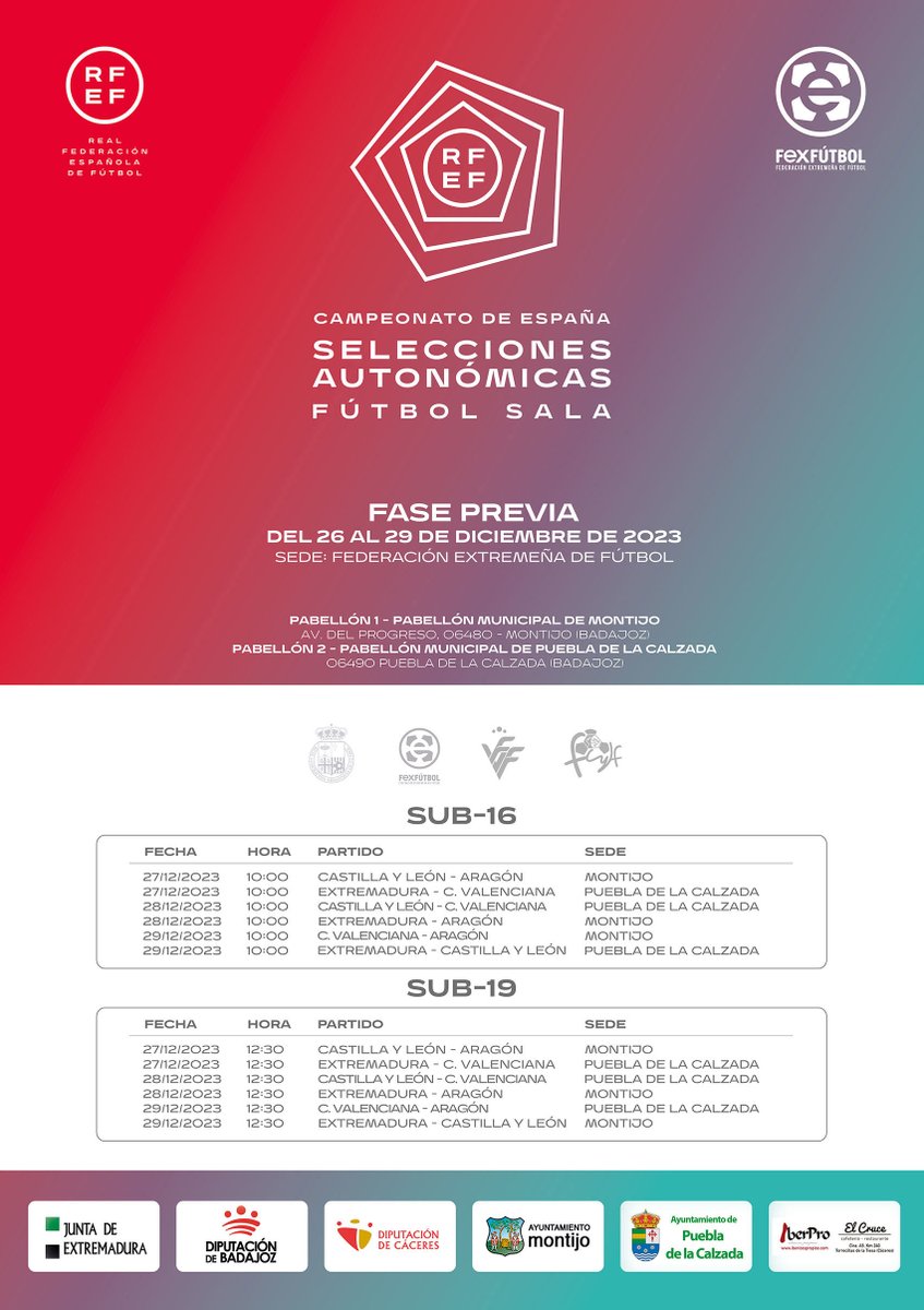 📢¡Recuerda!

📅Mañana arrancan en 📍Montijo y 📍Puebla de la Calzada los 🇪🇸CAMPEONATOS DE ESPAÑA de #FútbolSala🥎 Juvenil y Cadete Masculinos.

✅¡Entrada gratuita!

📺+INFO y Streaming 👉goo.su/xoRNt

🙌¡Os esperamos!🙌

#Extremadura💚🤍🖤
#JugamosEnEquipo